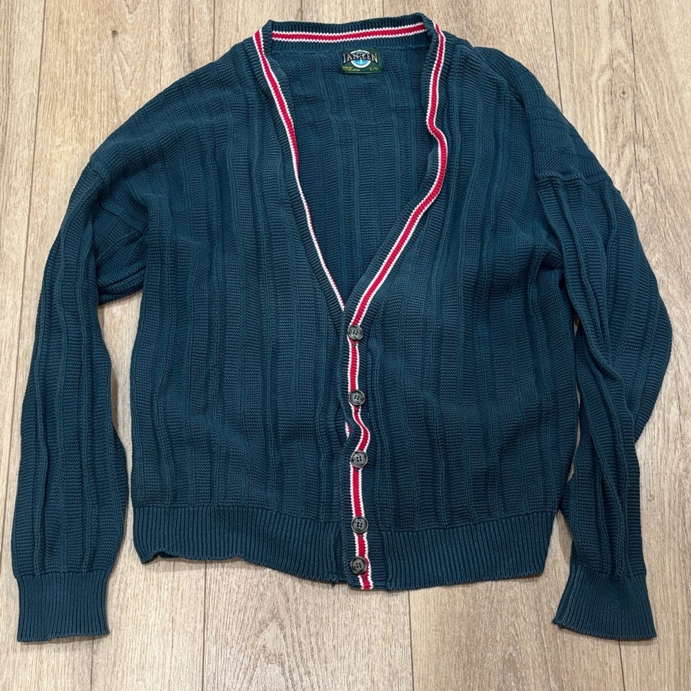 Jantzen Dark Green Cardigan with Red and White Trim